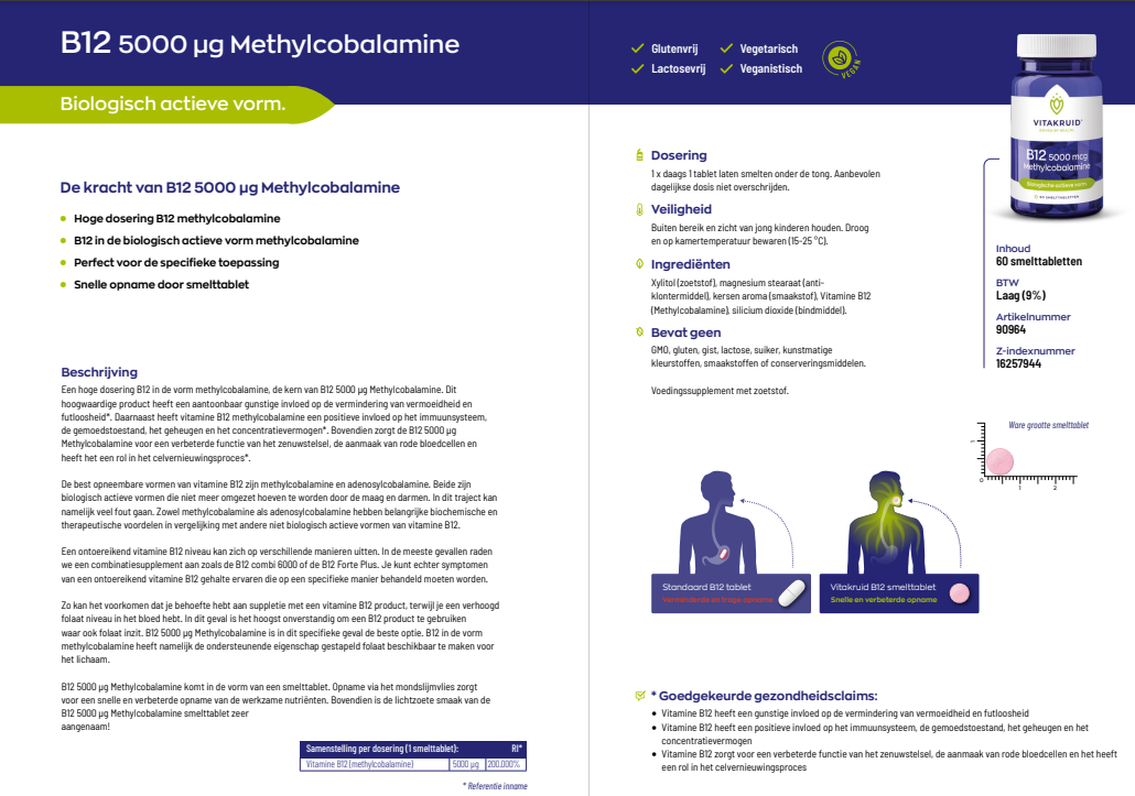 Vitakruid B12 5000 mcg methylcobalamine - 60 tabletten